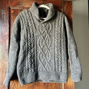 Irelands Eye Aran Shawl Collar, Cable Knit Sweater, Gray Marl, Wool/Cashmere